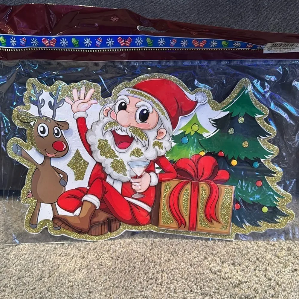 Christmas Window Decorations Assorted Santa Reindeer Double Sided (12pack) NEW